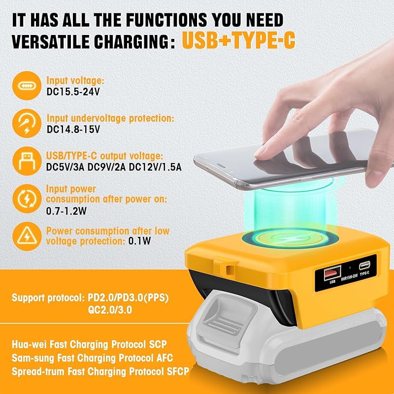 Wireless Charger Adapter,for De*walt 20V Battery,15W Max Wireless Charging Adapter for iPhone for Cell Phone,with USB-A&USB-C 2.1A Fast Charge Ports,Wireless Chargers Using Tool Battery