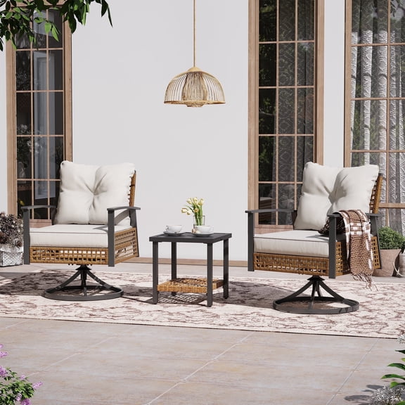 LAUSAINT HOME 3 Pieces Patio Outdoor Furniture Set with 2-Tier Coffee Table, PE Wicker Swivel & Rocking Chairs with Beige Cushions for Garden