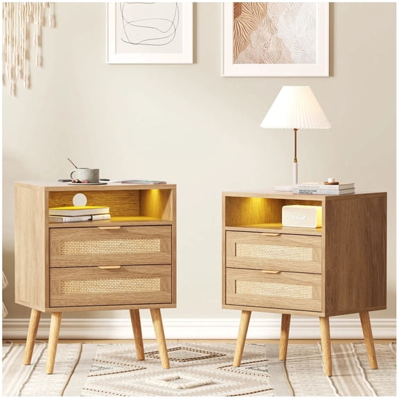 Vabches Rattan Nightstand Set of 2 with 2 Storage Drawers & Charging Station, Wood led Night Stands End Side Table for Bedroom/ living room, Natural