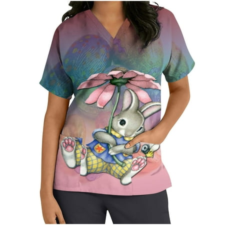 

Ecqkame Womens Nursing Scrub Tops Easter Bunny Rabbit Printed Working Uniform Blouse T-shirt Casual Short Sleeve V-neck Blouse Tops With Pocket Purple L on Clearance