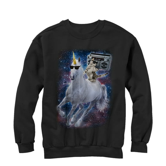 Men's Lost Gods Boombox Cat and Unicorn Space Song  Sweatshirt Black X Large