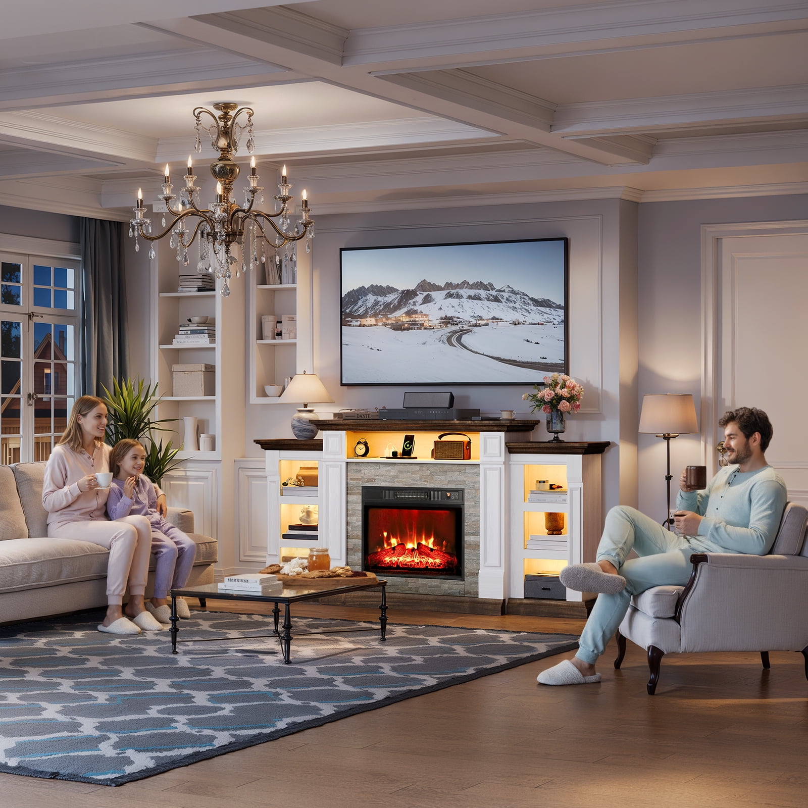 Holliwill 72" TV Stand for TVs up to 80" with Charging Station & LED Light, Electric Fireplace with Mantel, Entertainment Center with 23" Electric Heater, White Brown