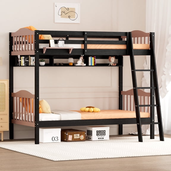 Ktaxon Twin over Twin Bunk Bed, Solid Wood Bed Frame with Guardrails, Space Saving Design for Bedroom, Black&Brown
