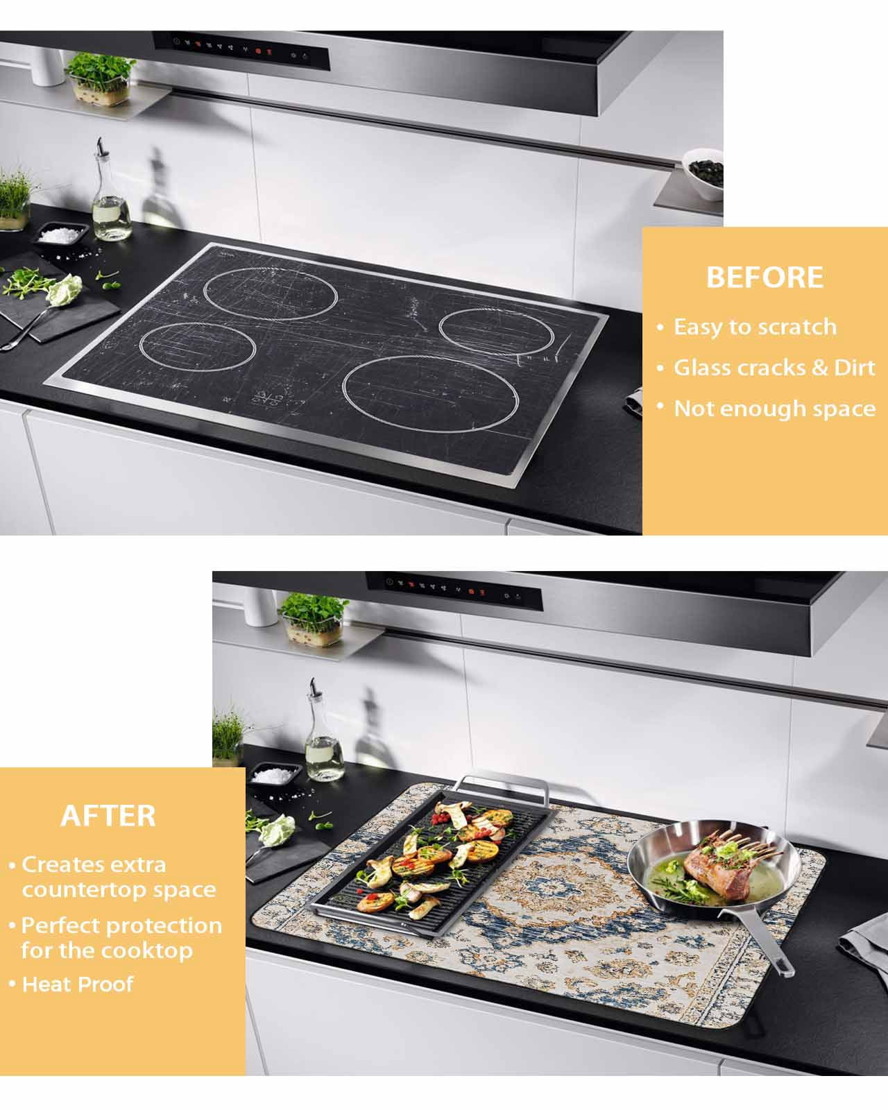 nqOlkjepod Large Induction Cooktop Protector Mat 24"x21", Blue Boho Stove Top Covers for Electric Stove, Southwestern Geometric Abstract Vintage Stove Burner Cover Mats, Glass Top Stove Cover