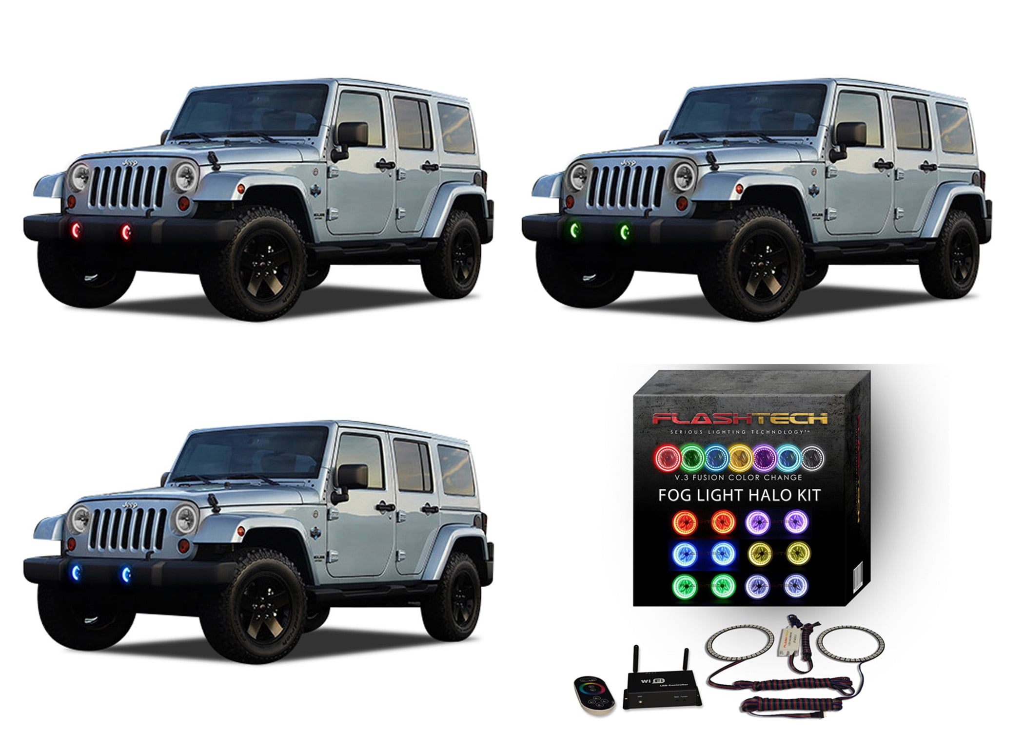 Flashtech LED RGB Multi Color Halo Ring Fog Light Kit for Jeep Wrangler  07-17 with  Fusion Color Change Wifi Remote 