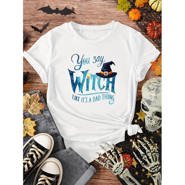 Women's Halloween T-Shirt - Funny Witch Costume Party Outfit with "You Say Witch Like It's a Bad Thing" Slogan - Olive Green Graphic Tee - Perfect for Halloween Party, Casual Attire & W