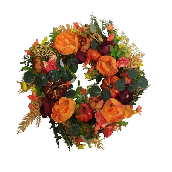 Fall Peony and Pumpkin Wreath for Front Door - Thanksgiving Wreath, Year Round Durable Farmhouse Wreath with Maple Leaves, Berries, Pinecones, and Pumpkins for Thanksgiving, Halloween, Home Decor