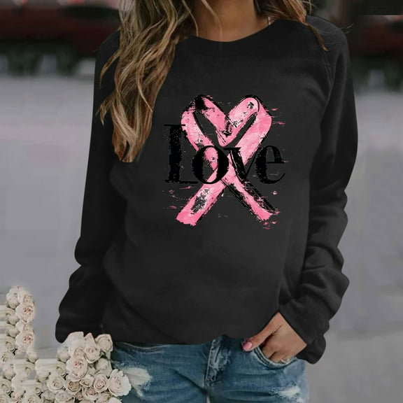 CLOISE Cancer Sweatshirt Women Breast Cancer Awareness Sweatshirt Love Ribbon Pink Round Neck Long Sleeve Shirts Cancer Fight Blouses Comfy Pullover Tops Clothes Black XL
