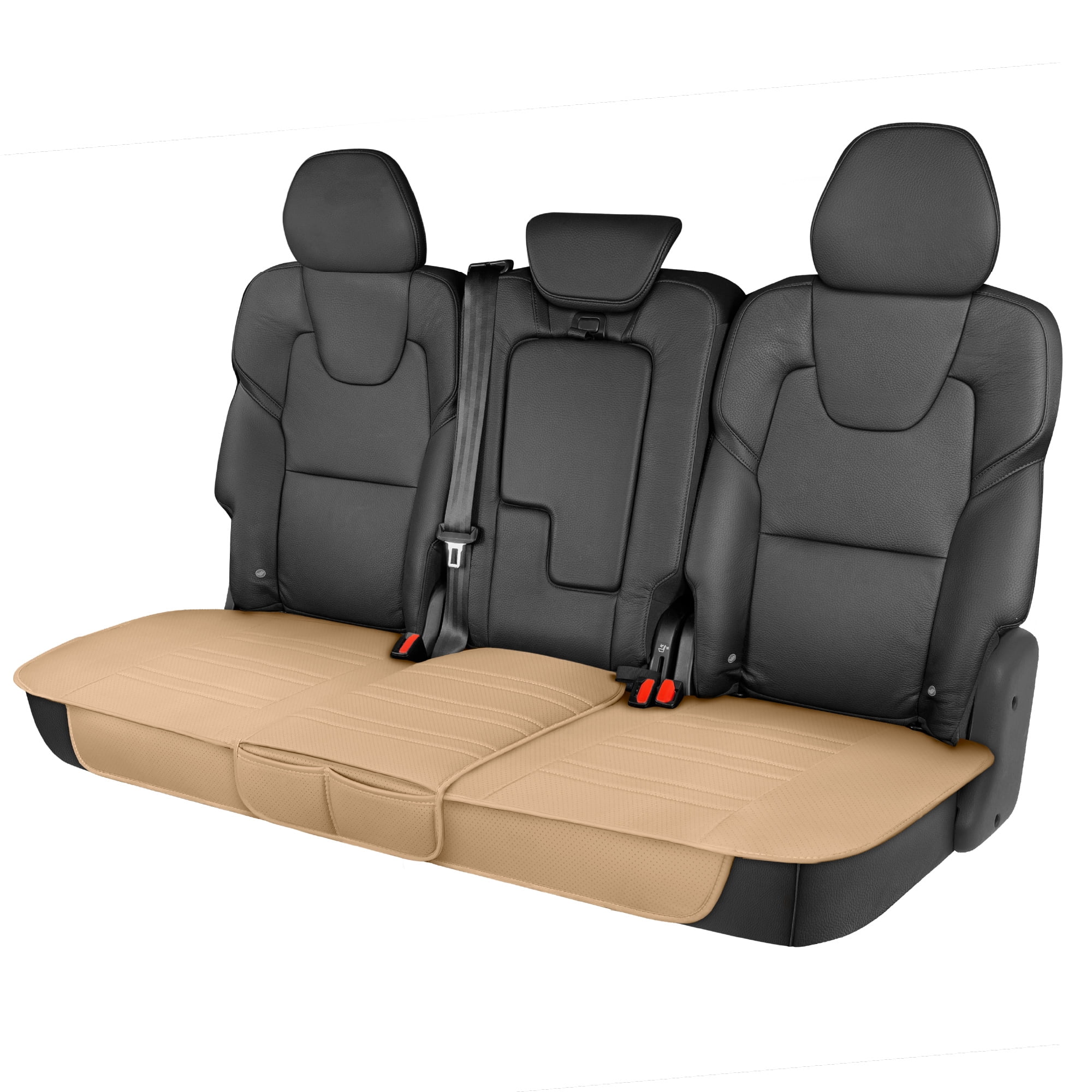 Motor Trend Seat Covers for Cars Trucks SUV, Faux Leather Full Set Beige Padded Car Seat Covers with Storage Pockets, Premium Interior Car Seat Cover