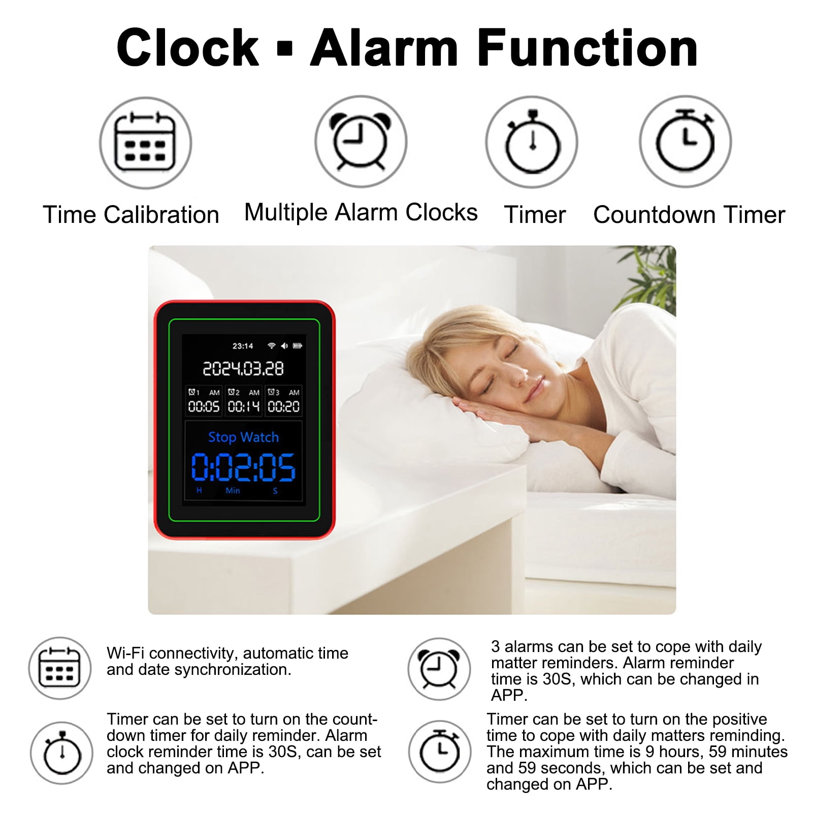 Smart Air Quality Tester 15 in 1 Air Quality Monitor CO2 Monitor Smart Air Quality Tester with Mobile APP WiFi for Home & Office, Temperature, Humidity, Alarm Clock, Timer, Countdown Timer