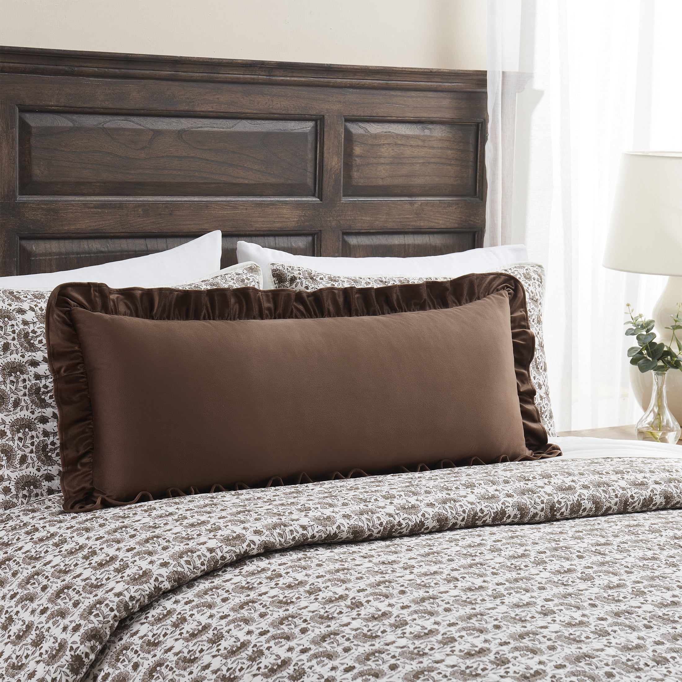 My Texas House 14" x 36" Brown Ruffle Oversized Lumbar Decorative Pillow