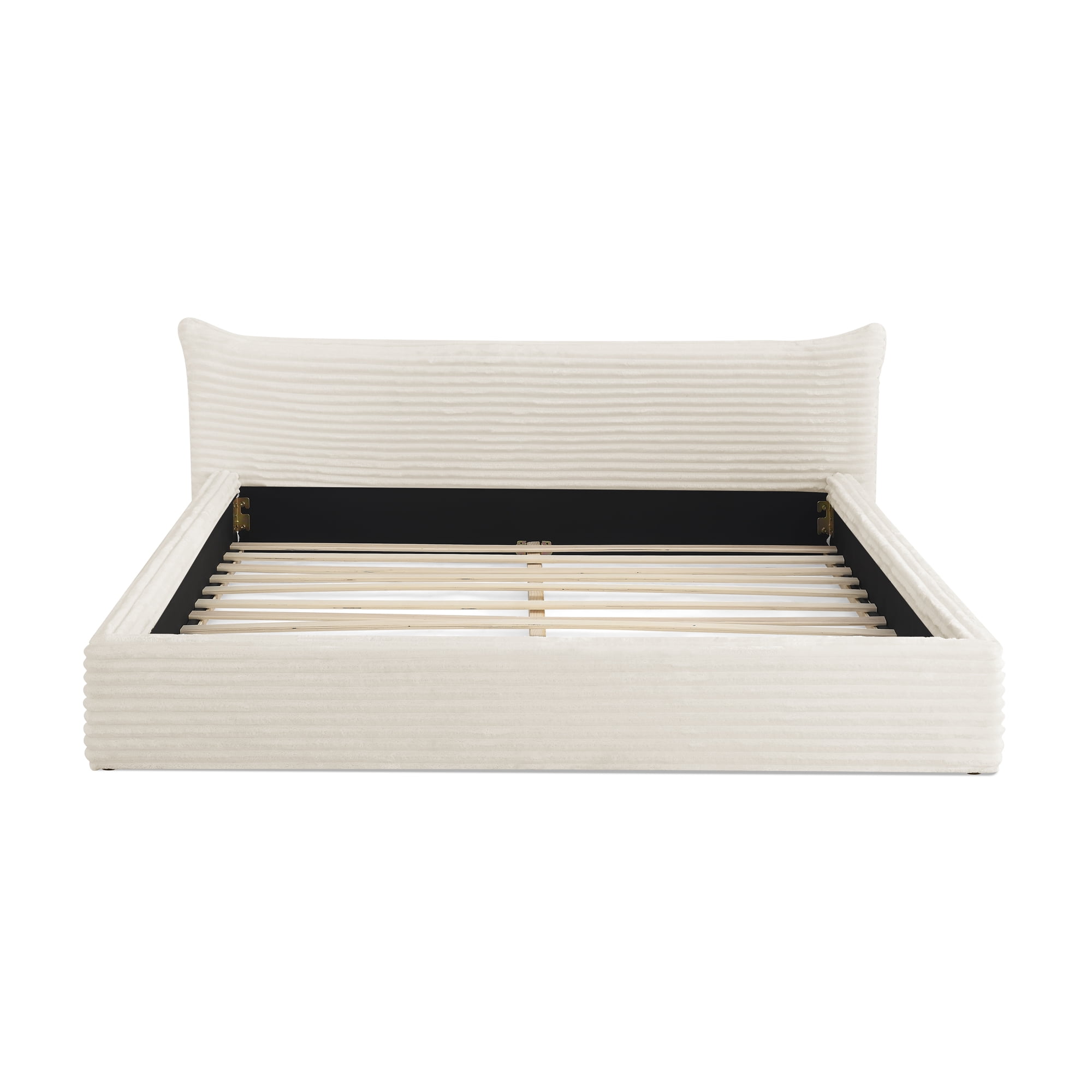 Aukfa Queen Size Upholstered Platform Bed with Curved Headboard, Velvet Fabric Low Profile Bed Frame, No Box Spring Needed, Beige