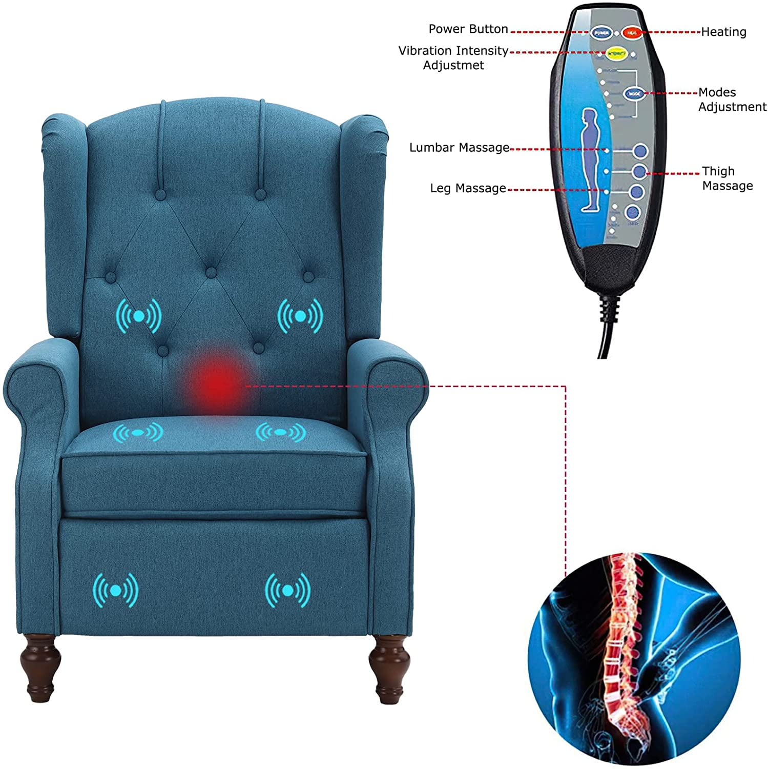 LVUYOYO Wingback Recliner Chair Push Back Arm Chair with Heat and Massage Tufted Single Sofa for Home, Living Room, Office, Bedroom