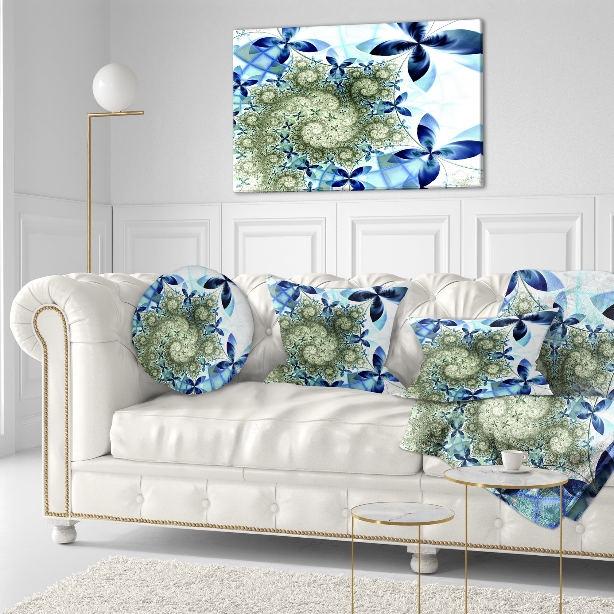 Designart Blue and Green Fractal Flowers - Floral Throw Pillow - 12x20
