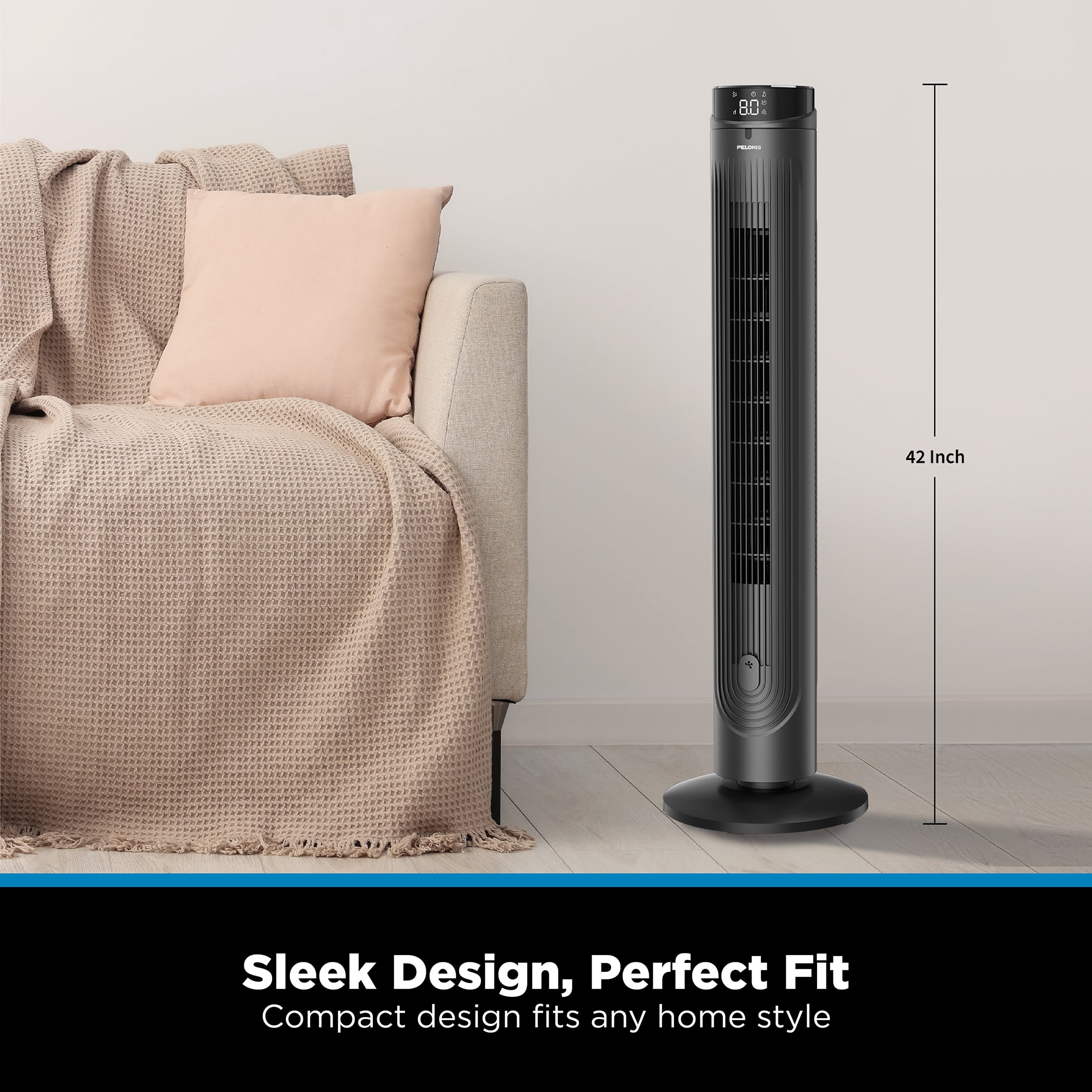 PELONIS 42-Inch Quiet Oscillating Tower Fan with Remote Control, 5 Speeds, 4 Modes, Digital Timer, Indoor Cooling, Black
