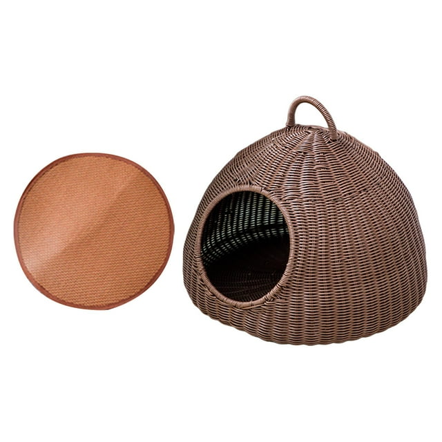 Cat House Imitación Rattan Cat Bed Cave Pet Bed Cat Condo para Kitty Sleeping Puppy , Café con 1 Mat