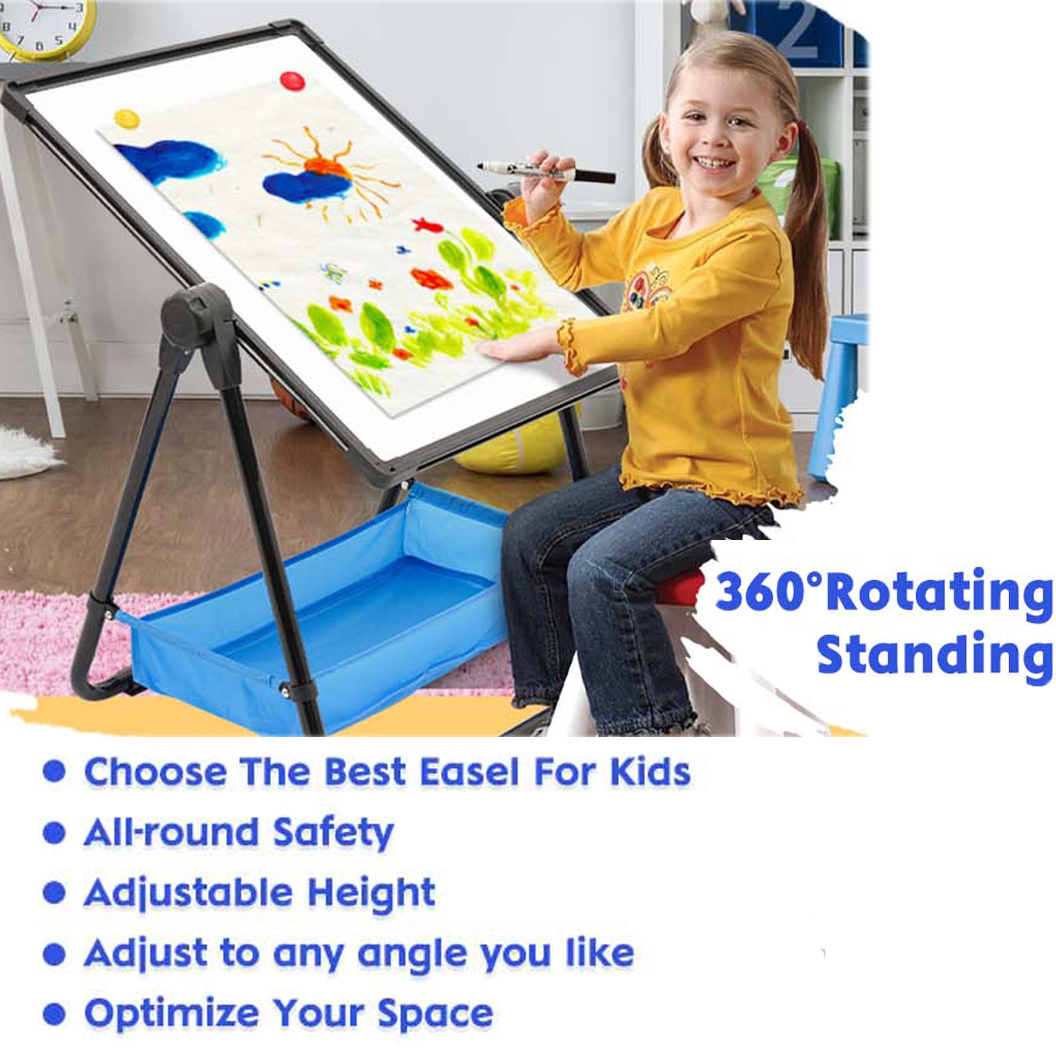 Ealing Kids Easel Adjustable Standing Metal Whiteboard & Chalkboard,Magnetic Art Easel for Age 3-8