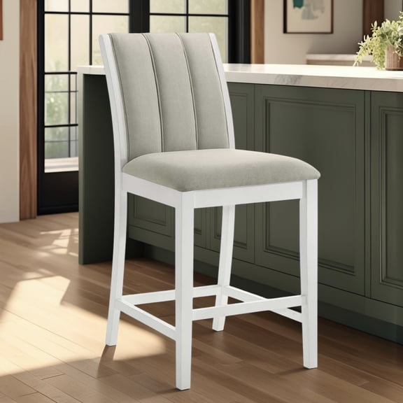 Armen living Nolan 26 in. Matte White Counter Height Rubberwood Barstool with Fog Fabric Seat