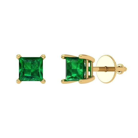 1.5 ct Screw-Back Stud Earrings for Women | 5.0mm Princess Cut Simulated Emerald | 18K Yellow Gold