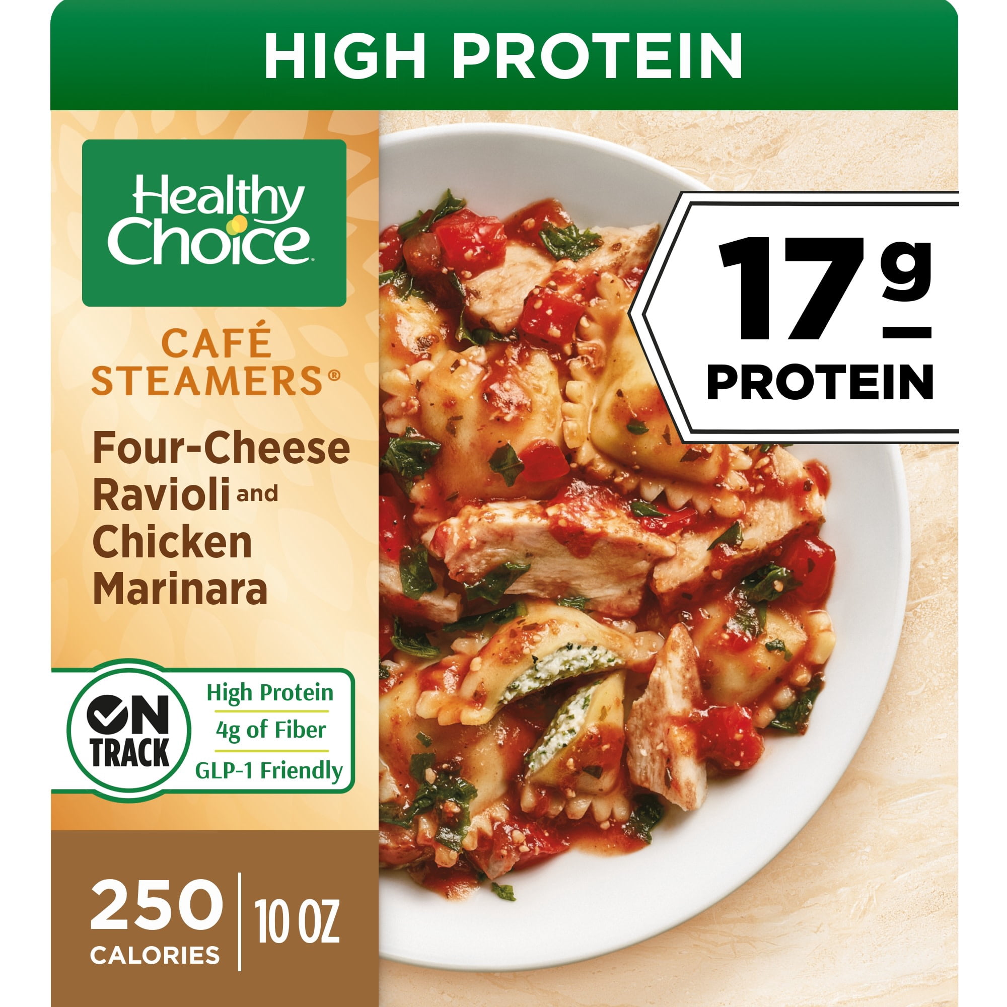 Healthy Choice Cafe Steamers Four-Cheese Ravioli & Chicken Marinara, High Protein Frozen Meal, 10 oz. Bowl