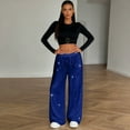 thumbnail image 6 of WULMLEO Women Sparkly Sequin Wide Leg Pants Shiny Elastic Low Rise Drawstring Palazzo Pant Glitter Baggy Party Long Trouser Blue S, 6 of 6