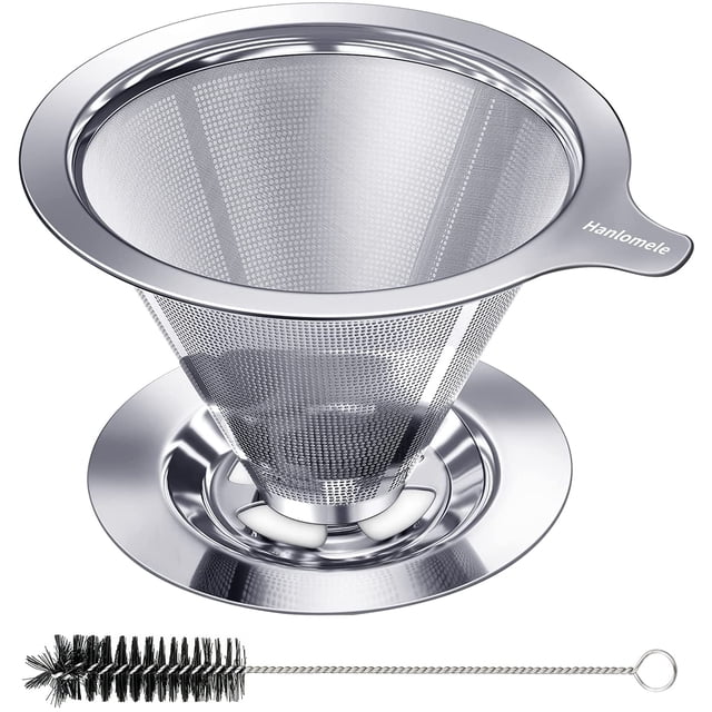Hanlomele Pour Over Coffee Dripper, Paperless Reusable Coffee Filter, Pour Over Coffee Maker for Single Cup Brew, Double Mesh Design of Stainless Steel Cone Filter for Perfect Extraction (1-2 Cup)