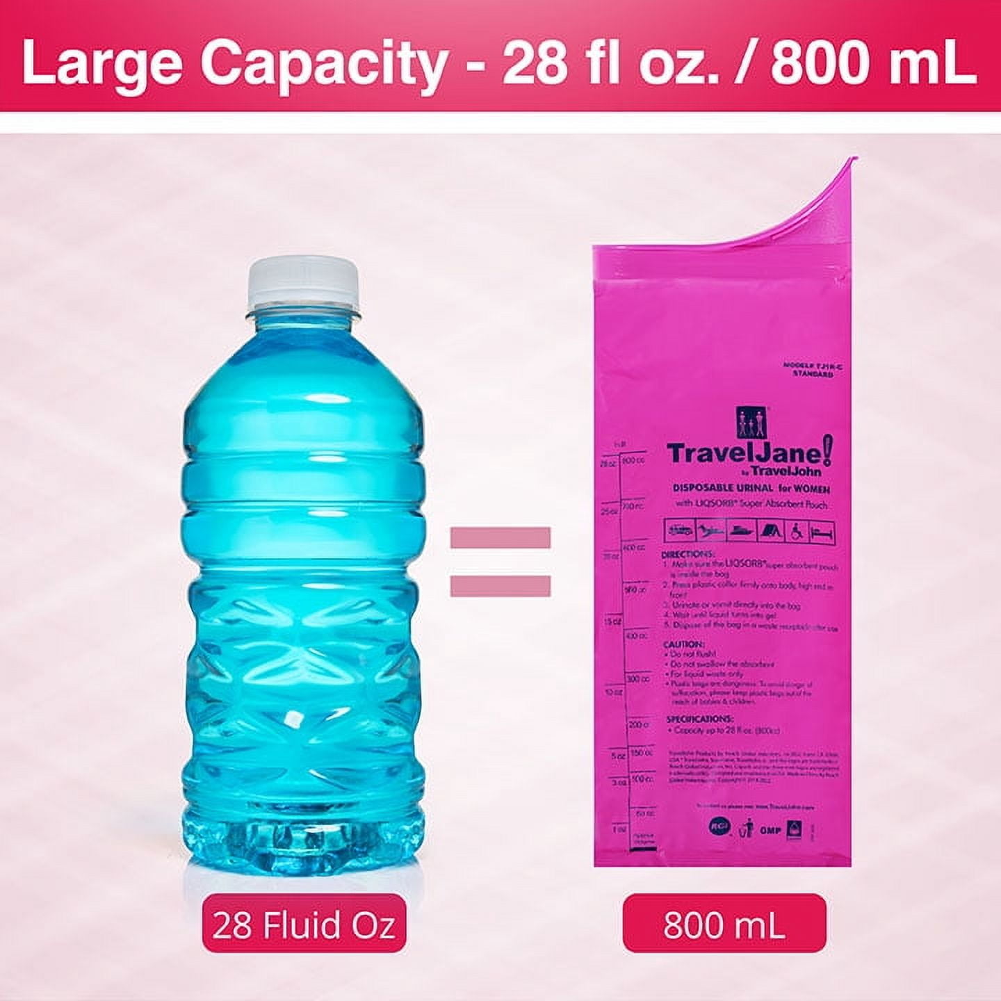 TravelJane Disposable Urinal for All Genders, Adults, and Children (6 Pack) Designed for Emergencies, Travel, Camping, Long Car Rides and more - 28oz/800ml capacity (TJ1R-C)