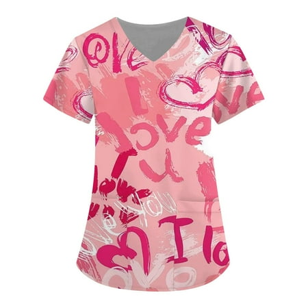 

Dezsed I Love You Valentine s Day Gift For Women Scrub Tops Clearance V-Neck Heart Letter Printed Short Sleeve Medical Scrub Shirts Summer Nurse Uniforms Workwear Scrubs Pockets