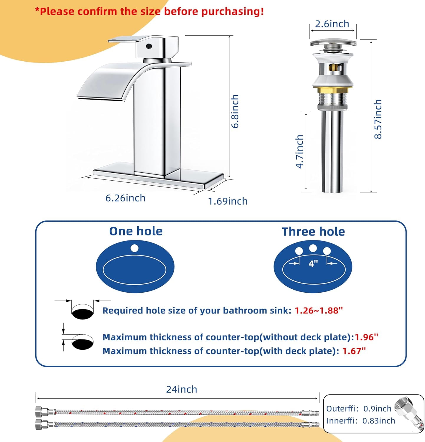RUACQ Waterfall Bathroom Faucet,Single Handle Bathroom Sink Faucets for 1 or 3 Hole, Stainless Steel Washbasin Mixer Tap with Deck,Pop-up Drain and Supply Hoses (Chrome)