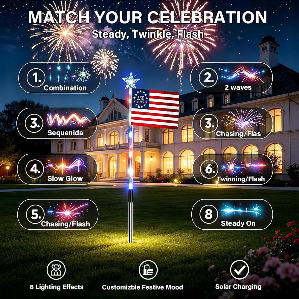 8 Pack Solar American Flag Pathway Lights - 250th Anniversary Patriotic Red White Blue Outdoor Stakes, 8 Modes Waterproof LED Garden Lights for 4th of July, Memorial Day & Independence Day Decor