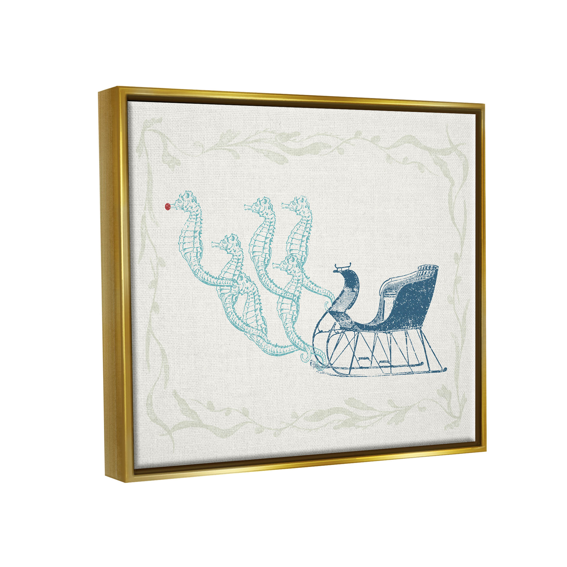 Seahorse Santa Sled Nautical Christmas Holiday Graphic Art Metallic Gold Framed Art Print Wall Art