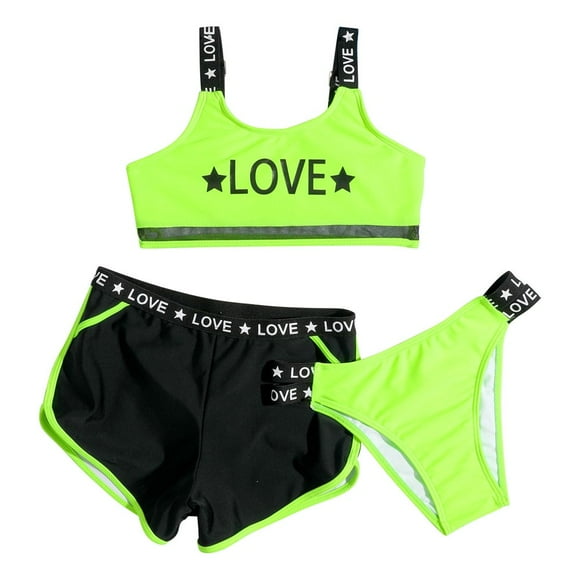 Lindbes Three-piece Girls Swimsuits Sets Children‘s Letter Print Bikini Swimwear Crop Tank Tops and Panty and Shorts Bathing Suit Green 11-12 Years