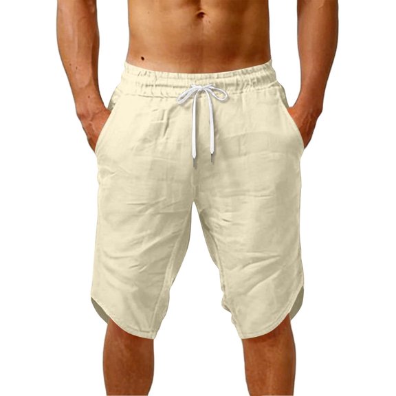 CIAKGIAF Mens Shorts 5 Inch with Pockets Drawstring Linen Solid Color Fashion Casual Beige Shorts,Size L