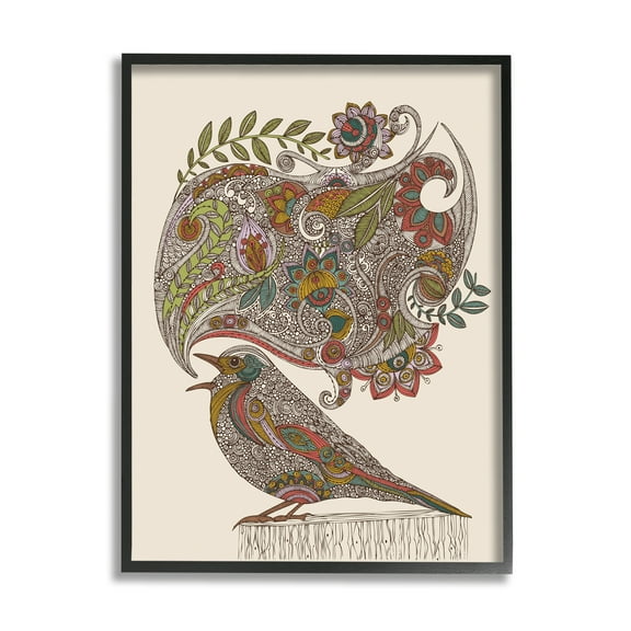 Stupell Industries Song Bird Complex Paisley Patterns Botanical Leaves Graphic Art Black Framed Art Print Wall Art, Design by Valentina Harper
