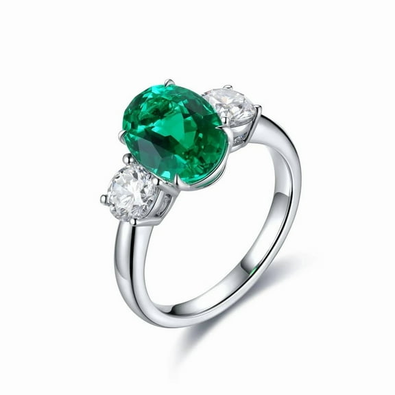 Oval Cut Lab-Created Emerald and Moissanite Engagement Ring in 925 Sterling Silver for Women