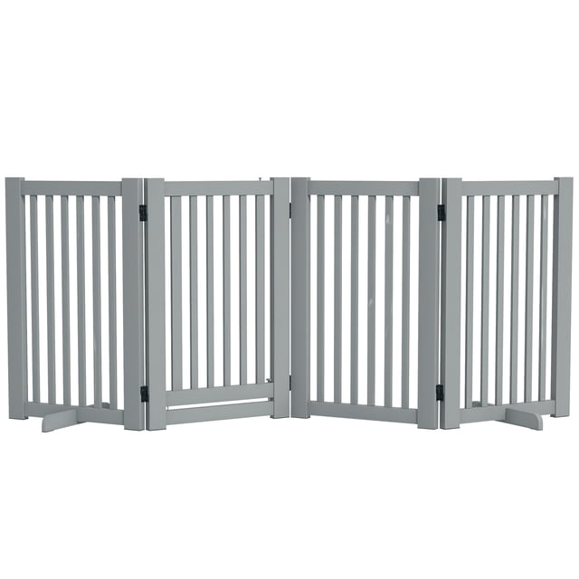 PawHut Free Standing Wooden Pet Gate with Open Door 4 Panel Light Grey