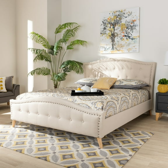 King Size Platform Bed - Modern Beige Upholstered Bed with Button Tufted Headboard & Ang Legs