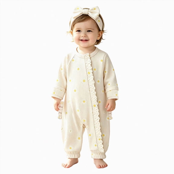 felwors Infant Baby Girl Fall Outfit Romper Floral Print Ruffled Trim Crew Neck Long Sleeve Jumpsuit Newborn Clothes