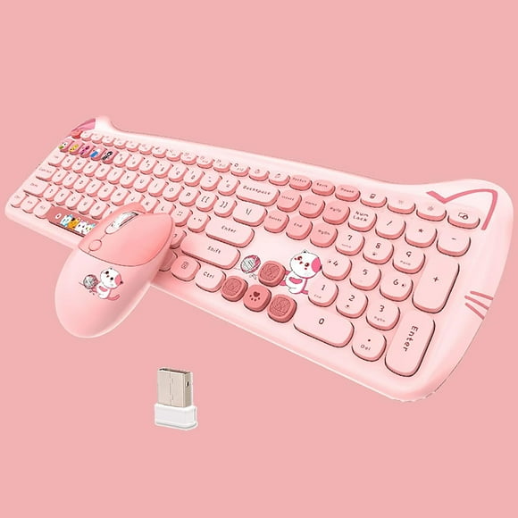 ERDS-Cute Cat 2.4G USB Wireless Keyboard and Mouse Combo, Silent Keys, Candy Colors, Compatible with Notebook, PC (Pink-110Keys)