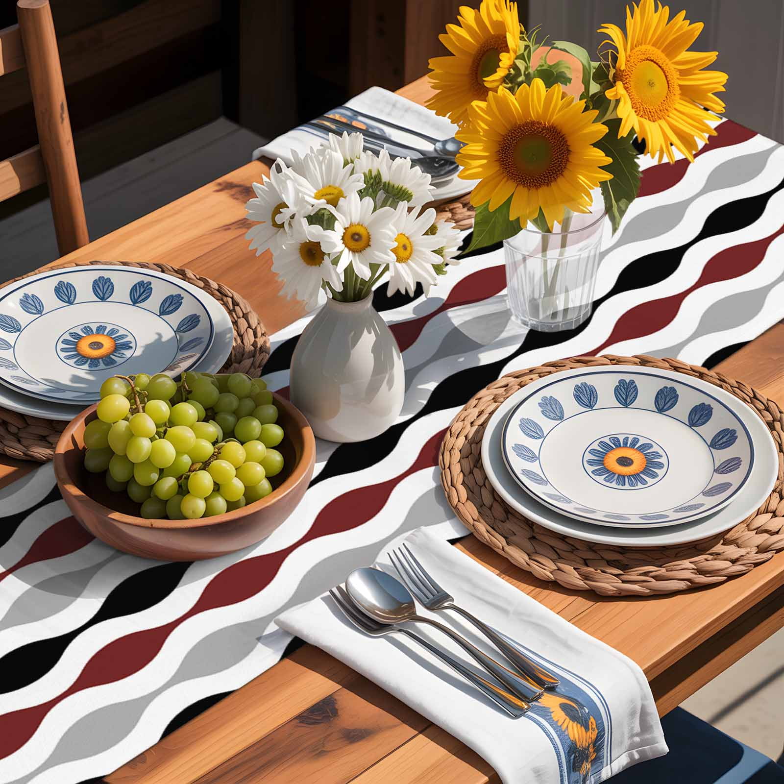 Mid Century Burgundy Red Ripple Table Runner 90 Inches Long, Grey Stripe Abstract Geometric Table Runners Tabletop Scarf Kitchen Dining Tables Decoration for Home Party Indoor Outdoor