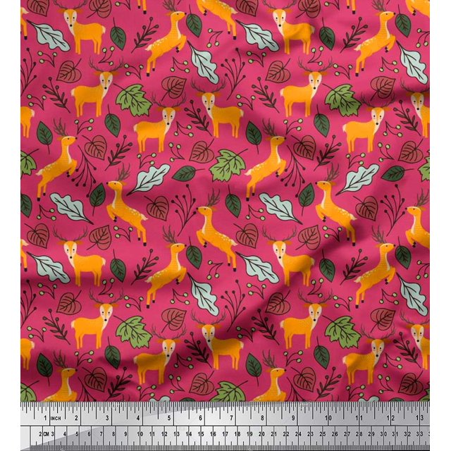 Soimoi Tissu en Viscose Chiffon Imprimé Feuilles & Rennes pour Couture, Largeur 42 Pouces