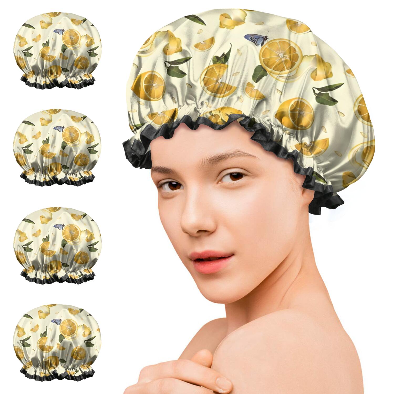 Shower Caps,Yellow Lemon Fruit Slices White Pattern Waterproof Shower Cap for Women 4 Pieces,Double Reusable Hair Cover for Shower PEVA Elastic Stretch Hem