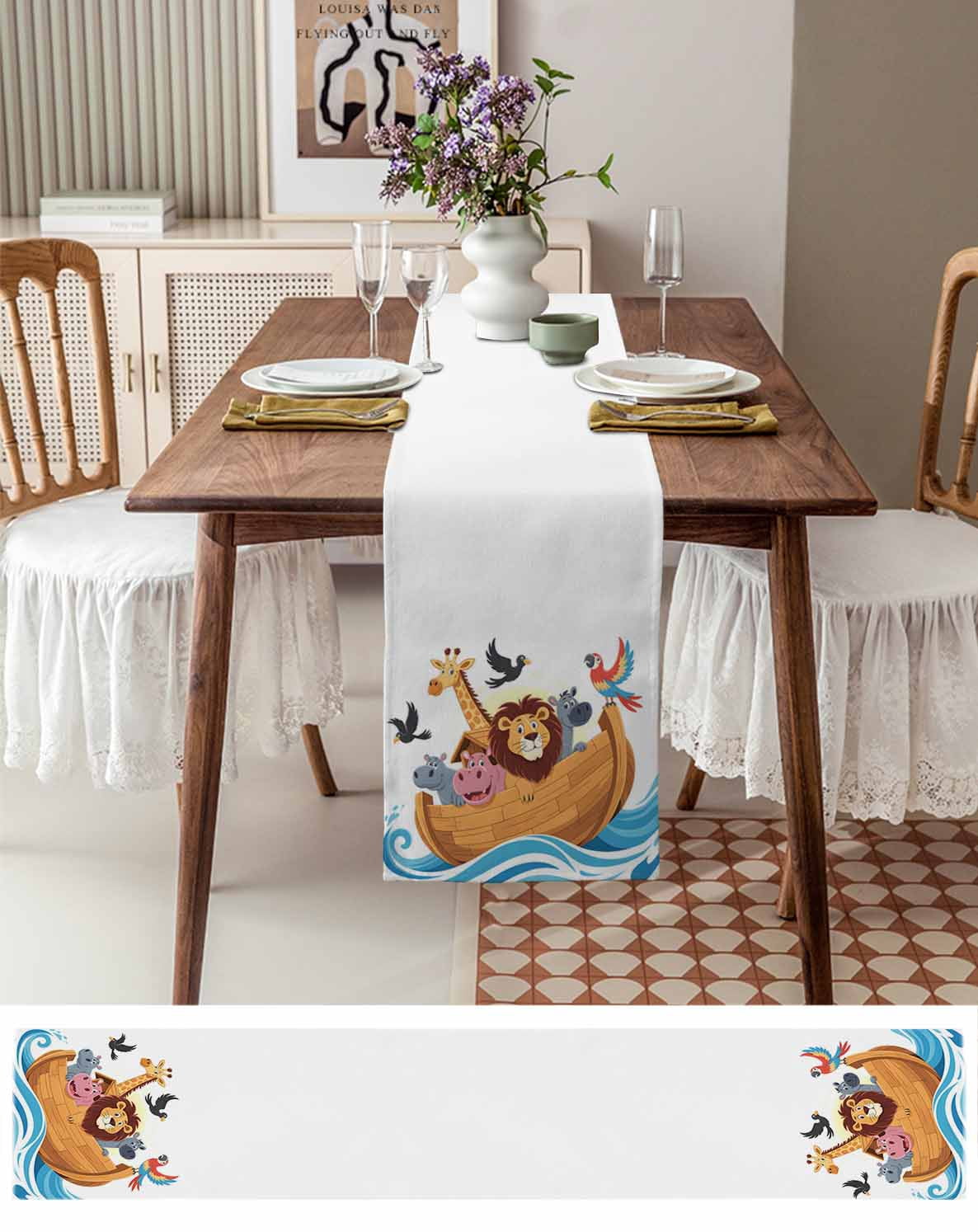Animals Nautical Burlap Cotton Table Runner 16x72 Inches Long, Cartoon Cute Zoo Boat Aboard Farmhouse Table Runners, Outdoor Dining Tablecloths Decor for Baby Shower/Party/Wedding