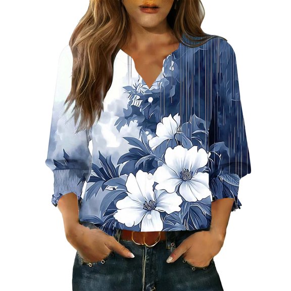 Ruimatai Women's Casual V-Neck Button Up Cardigan 3/4 Sleeve Soft Print Blouse Top for Spring Summer Fall Fashion Outfit