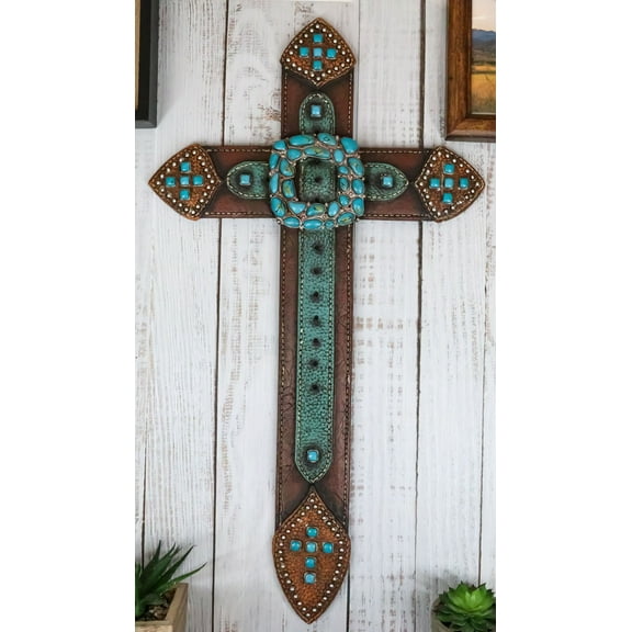 20" H Rustic Western Cowboy Faux Leather Turquoise Rocks Belt Buckle Wall Cross