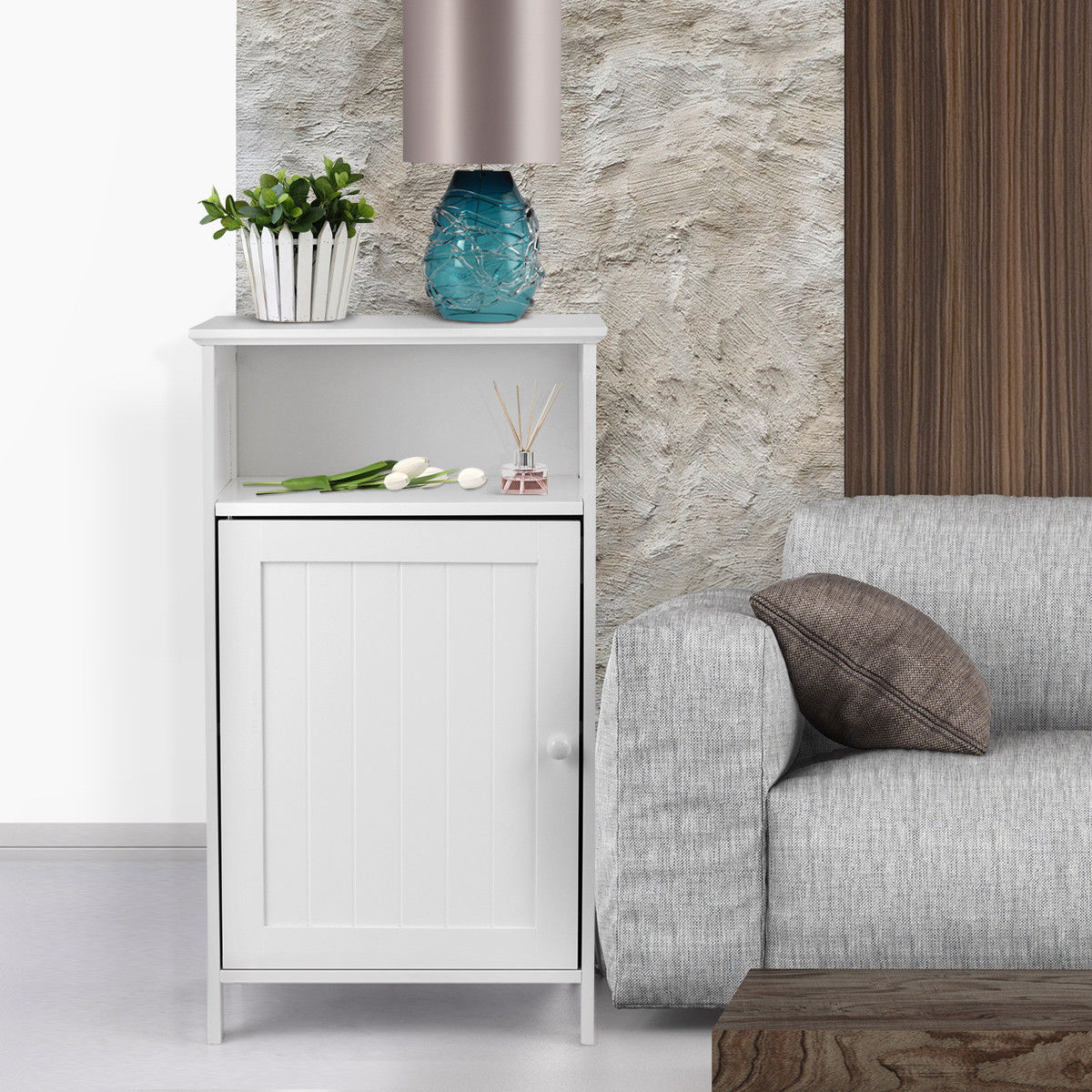 Gymax Bathroom Floor Storage Cabinet Side Table Freestanding Adjustable Shelf Organize