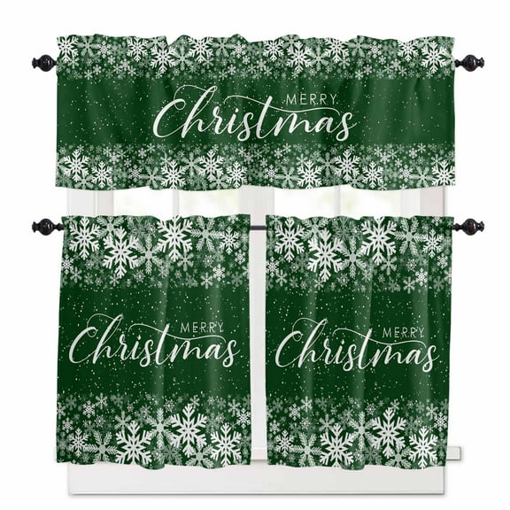 Merry Christmas Kitchen Curtains and Valances Set, Winter Snowflakes Retro White Green Rod Pocket Window Valance 18 Inch Window Curtain Panels for Living Room Bedroom Laundry, 27.5x36in, 3 Pieces