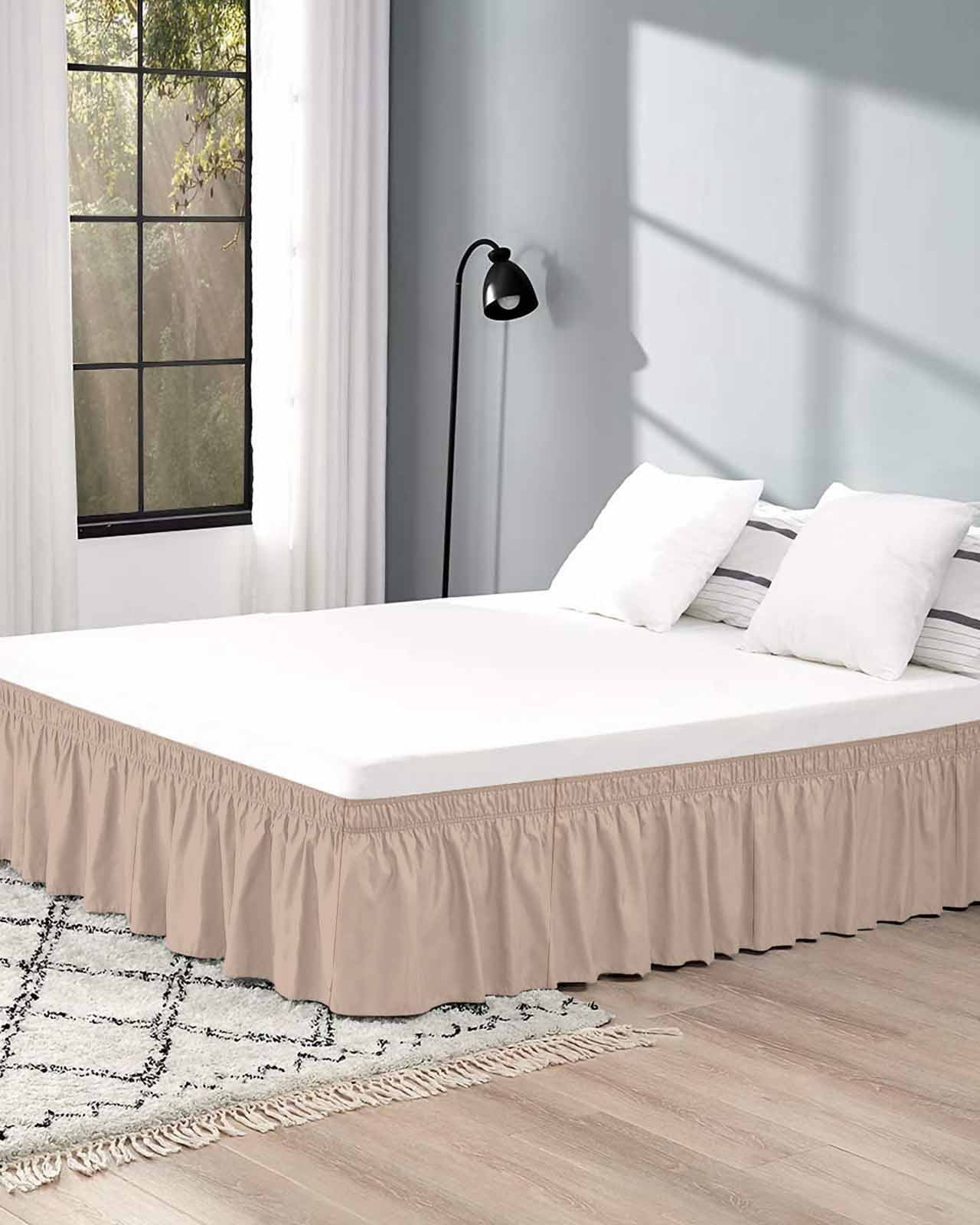 Warm Beige Wrap Around Bed Skirts for Queen Bed 18" Drop, Bed Skirt with Adjustable Elastic Belt Dust Ruffle Bed Valance for Bedroom Hotel Luxury Solid Color Farmhouse Beige Bed Frame Cover