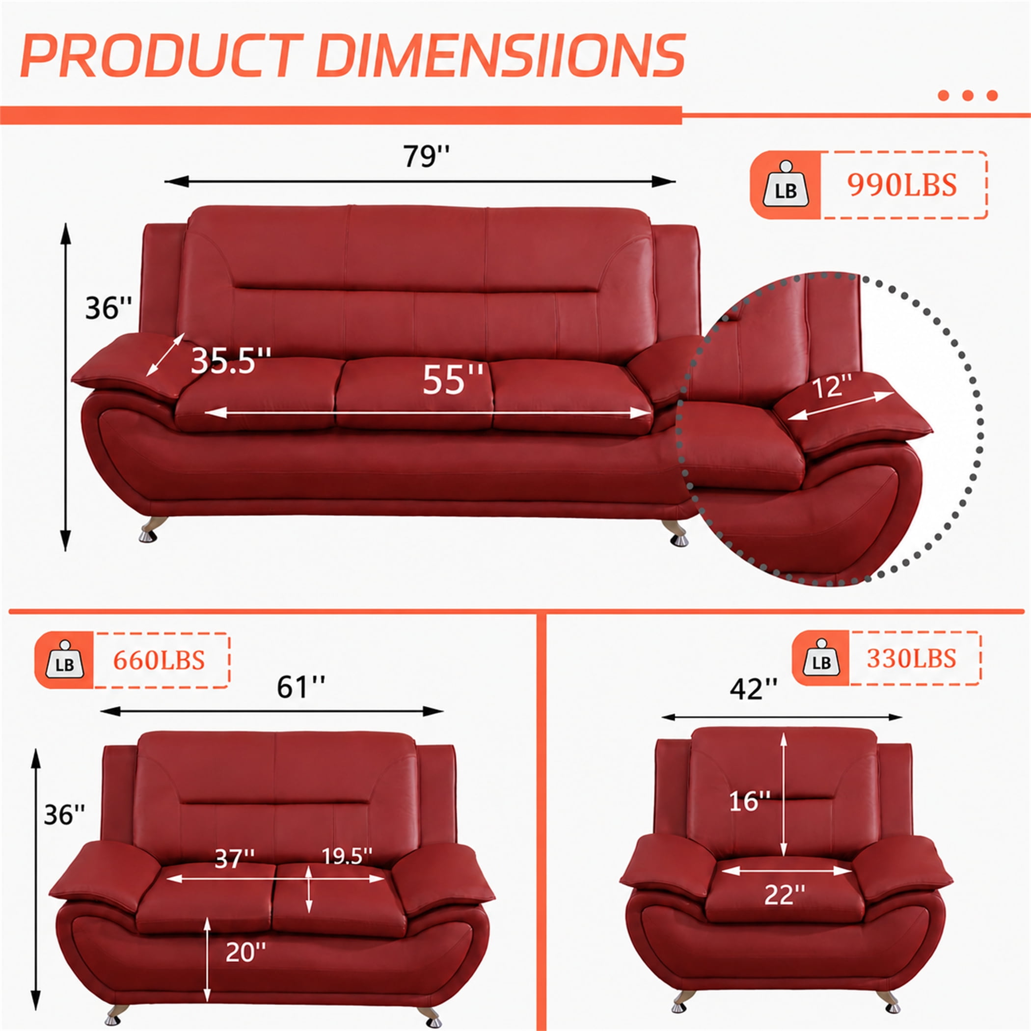 Aukfa 46" Wide Upholstered Sofa Small Couch Armchair, Faux Leather, Red
