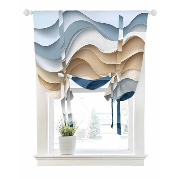 Beige Blue Ombre Tie Up Curtains for Window, Thermal Insulated Balloon Shade Adjustable Rod Pocket Curtains Valance Panels for Kitchen Bathroom Cafe 52 x 63 Moire Abstract Artwork